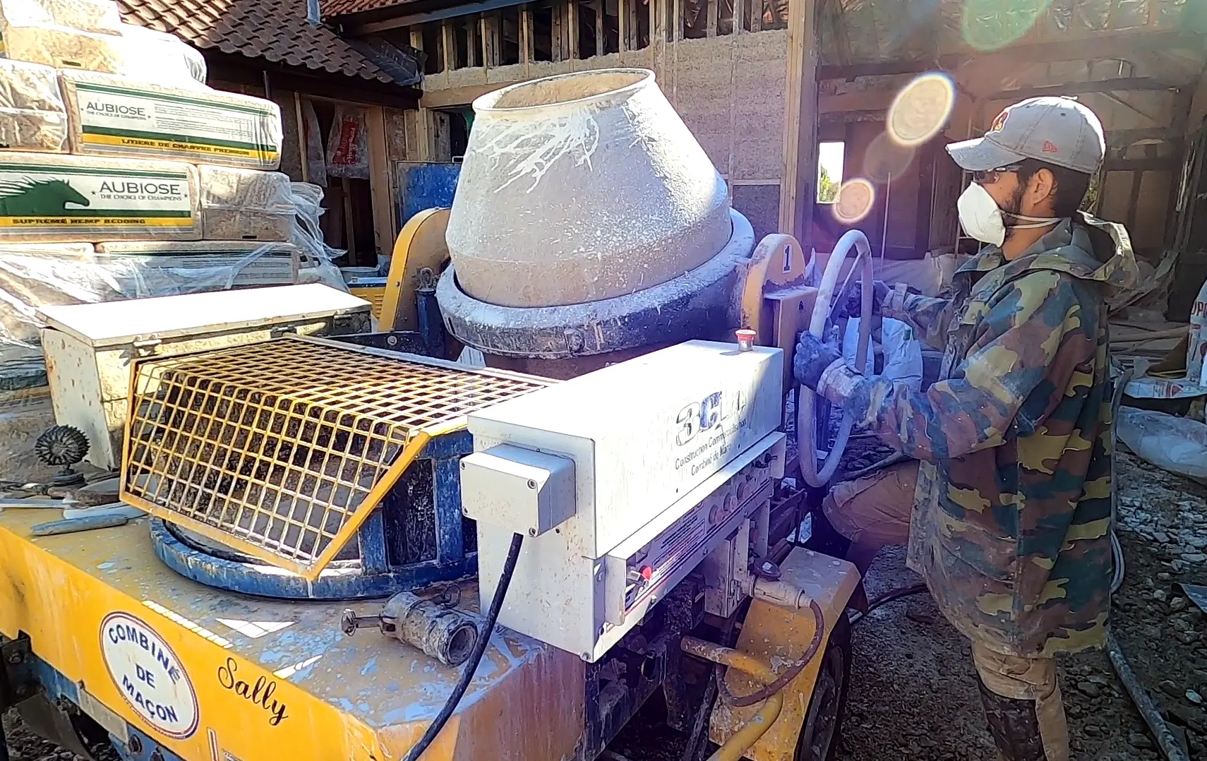 Sally, the French-built 3CM hempcrete spray machine, in operation on site